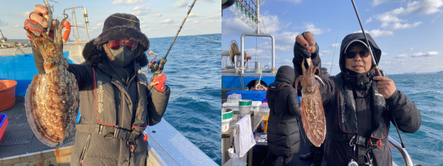 수도권에서 연박 제주 심해 갑오징어 낚시를 온 부부조사. 이날 큼직한 갑오징어를 제일 많이 낚았다.