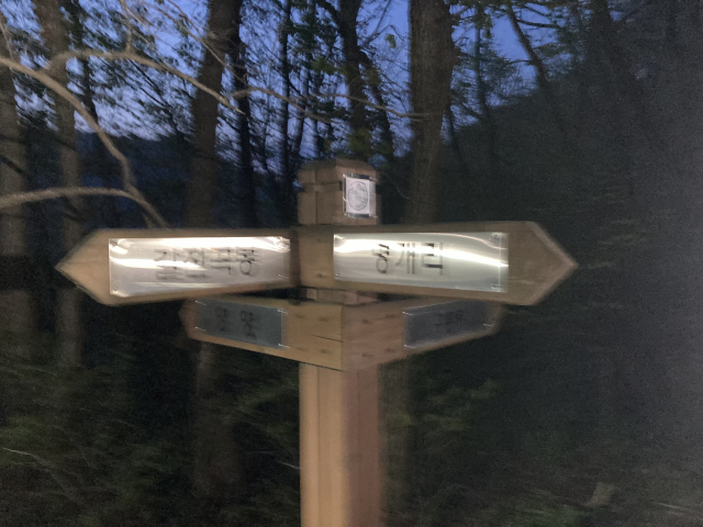 구룡령 옛길 이정표. 아직 동이 트지 않아 사진이 제대로 찍히지 않았다.