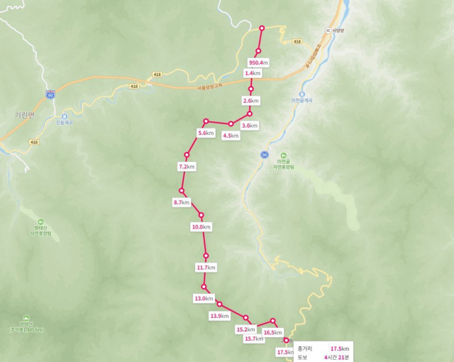 구룡령~조침령 등산 구간. 네이버 지도로 대략 그린 개념도. 네이버지도 캡처