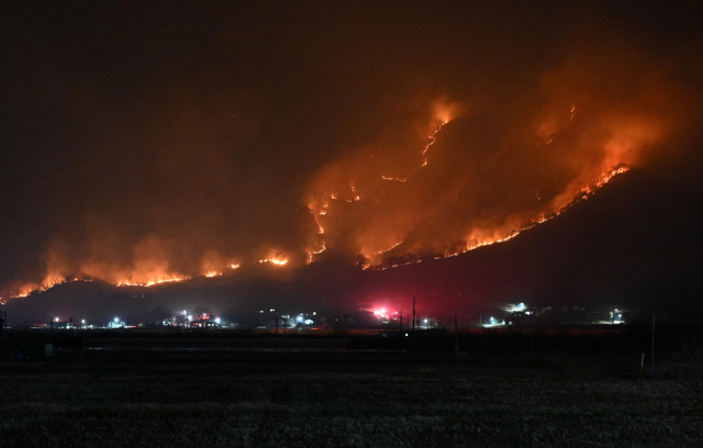 지난 22일 밤 경남 산청군 단성면 자양리 일대 산불이 민가를 향해 번지고 있다. 경남도민일보 제공