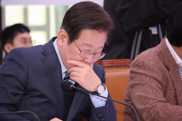 24일 서울 여의도 국회에서 미국 에너지부가 한국을 민감국가로 지정한 문제와 관련 현안질의 등을 위해 열린 외교통일위원회 전체회의에서 더불어민주당 이재명 대표가 자료를 살펴보고 있다. 연합뉴스