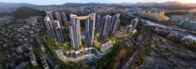 부산 연산동 망미주공아파트 재건축 사업의 시공사에 현대건설과 롯데건설의 컨소시엄이 선정됐다. 해당 단지의 전경(위)과 사업이 완성된 이후의 조감도(아래). 부산일보DB·조합 제공