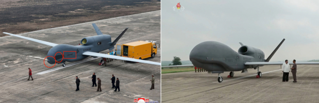 김정은 북한 국무위원장이 지난 25~26일 '무인항공기술연합체'와 '탐지전자전연구집단'을 방문해 국방과학연구사업을 현지지도했다고 조선중앙통신이 27일 보도했다. 방문 현장에서 공개된 '21070601' 일련번호가 표시된 글로벌호크를 닮은 신형 무인전략정찰기(좌)는 기존에 선보인 '샛별-9형'과 외형이 다른 것으로 확인됐다. [국내에서만 사용가능. 재배포 금지. For Use Only in the Republic of Korea. No Redistribution] 연합뉴스