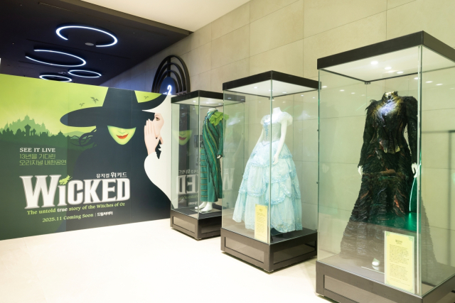 부산 남구 드림씨어터에서 약 한 달간 이어지는 ‘매지컬 드림 2025: 알라딘 & 위키드’ 팝업 존. 사진은 실제 공연에서 사용되는 '위키드' 무대 의상을 볼 수 있는 의상 전시 존 모습. 드림씨어터 제공