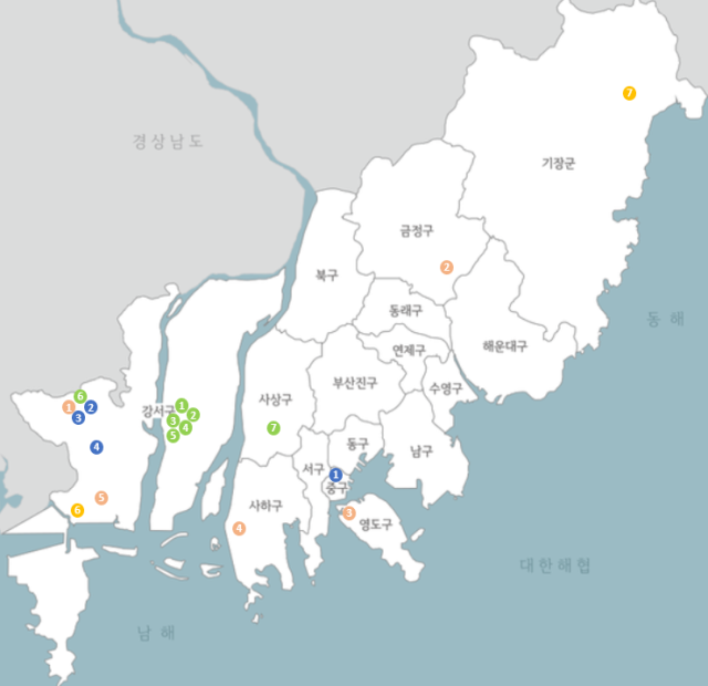 부산시 구·군 현황 지도. 동부산권(기장군, 해운대구, 수영구, 남구), 서부산권(강서구, 사상구, 사하구) 부산시 제공