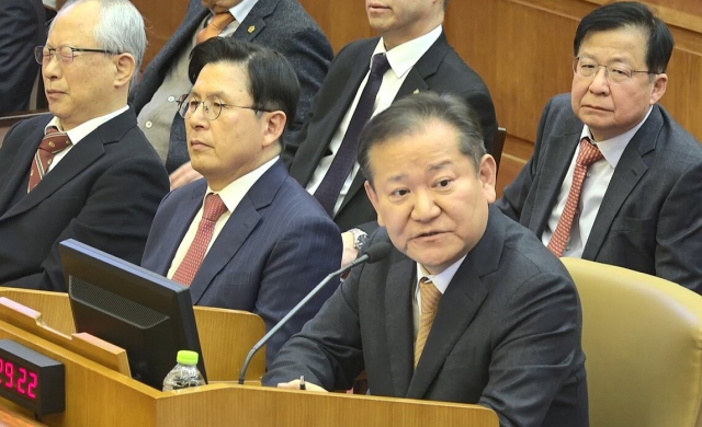 이상민 전 행정안전부 장관이 2월 11일 서울 종로구 헌법재판소에서 열린 윤석열 전 대통령 탄핵심판 7차 변론에서 증인으로 출석해 발언하고 있다.