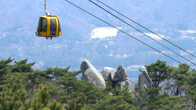 대구 팔공산 케이블카가 힘겹게 산을 오르고 있다. 남태우 기자