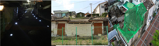 빈집 안전조치 예시. (왼쪽부터) 야간조도 개선, 안전펜스 설치, 안전 구조물 설치. 자료: 관계부처 합동