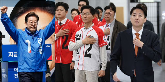 제21대 대통령 선출을 위한 공식 선거운동이 시작된 12일 더불어민주당 이재명 대선 후보(왼쪽)가 서울 광화문 청계광장에서 열린 출정식에서 후보 연설을, 국민의힘 김문수 대선 후보(가운데)가 여의도 중앙당사에서 열린 중앙선대위 임명장 수여식에서 국민의례를, 개혁신당 이준석 대선 후보가 국회 소통관에서 선거 구상 발표 준비를 각각 하고 있다. 연합뉴스