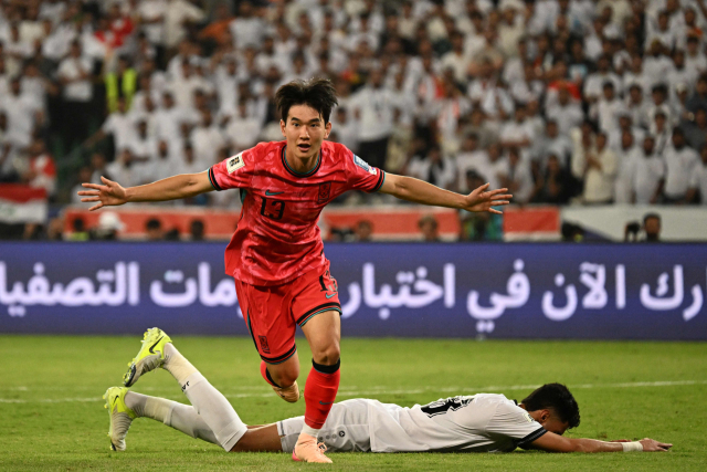 김진규가 지난 6일 2026 월드컵 아시아 최종예선 B조 9차전 이라크와의 경기에서 후반 선제 결승골을 터뜨린 뒤 환호하고 있다. AFP연합뉴스