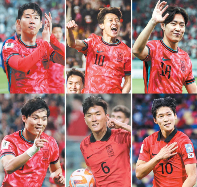 한국 축구대표팀이 10일 서울월드컵경기장에서 열린 쿠웨이트와의 2026 국제축구연맹(FIFA) 북중미 월드컵 아시아 3차 예선 마지막 경기를 4-0으로 승리하며 11회 연속 월드컵 진출이라는 대기록을 세웠다. 11회 연속 월드컵 본선 진출의 주역인 손흥민(시계방향), 이재성, 이강인, 배준호, 황인범, 오현규. 연합뉴스