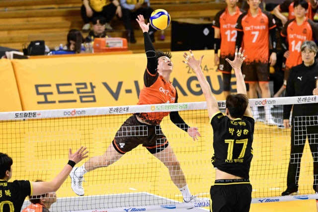 OK저축은행 김웅비가 지난 3월 11일 프로배구 KB손해보험전에서 강스파이크를 날리고 있다. KOVO 제공
