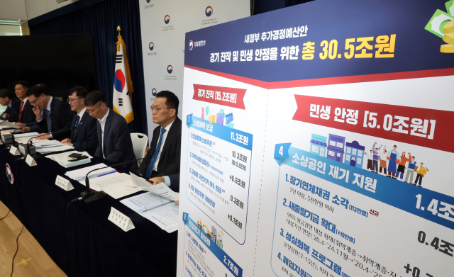 기획재정부 임기근 2차관이 지난 18일 정부세종청사 민원동 공용 브리핑실에서 새 정부 추가경정예산안에 관해 설명하고 있다. 연합뉴스