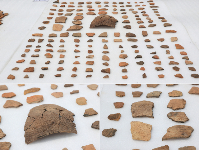 내산리 고분군 일원 정비사업 부지 내 5차 정밀발굴조사에서 출토된 신석기 빗살무늬토기 조가들. 고성군 제공