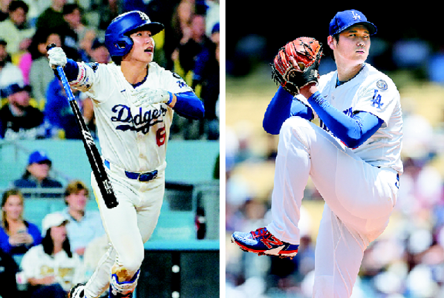 시즌 8번째 장타를 기록한 다저스의 김혜성(왼쪽 사진)과 두 번째 등판에서 1이닝 무실점으로 완벽투를 선보인 오타니 쇼헤이. AP연합뉴스