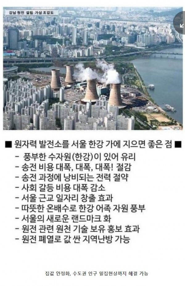 서울과 먼 지역에만 원전 건설이 잇따르자 서울 한강 가에 원전을 지을 수 없느냐에 대한 물음이 커졌고 이를 풍자하는 밈이 한때 온라인을 달궜다. SNS 자료 발췌