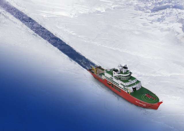 해수부 이전을 계기로 북극항로 개척이 빠르게 추진되는 가운데 한화오션이 추진 중인 차세대 쇄빙연구선 조감도. 한화오션 제공