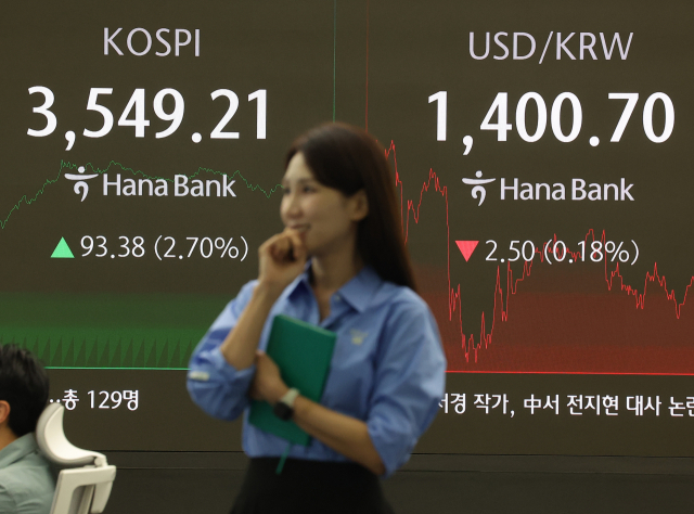 코스피가 사상 처음 3500선을 돌파하며 종가 기준 역대 최고치인 3549.21으로 마감한 2일 오후 서울 중구 하나은행 딜링룸에서 딜러들이 업무를 보고 있다. 연합뉴스