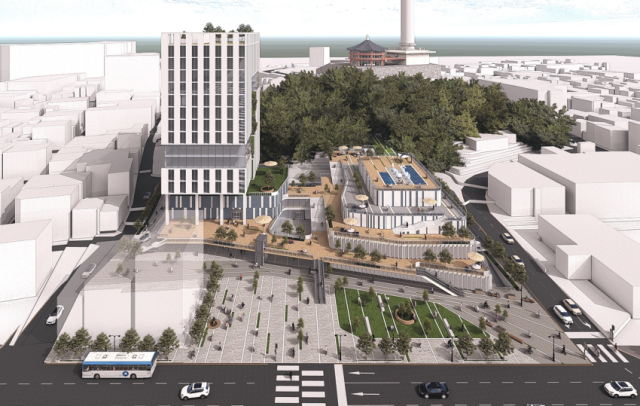 부산 중구청이 용두산공원 공영주차장 부지에 건립을 추진하고 있는 국민체육센터(사진 오른쪽)와 신청사 조감도. 부산 중구청 제공
