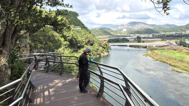 한 산책객이 경남 밀양시 용두산 잔도에서 아래로 흐르는 밀양강을 내려다보고 있다. 남태우 기자