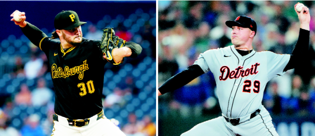 2025 미프로야구 메이저리그 아메리칸리그 사이영상 수상자인 타릭 스쿠발(오른쪽)과 내셔널리그 수상자인 폴 스킨스가 정규시즌 경기에서 공을 던지고 있다. 이메인이미지·AP연합뉴스