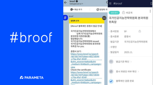 파라메타의 블록체인 기반 디지털 증명서 ‘브루프’의 활용 예시 사진. 파라메타 제공
