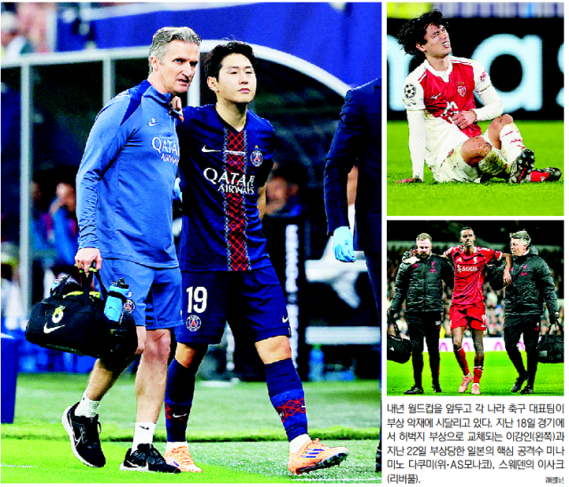 내년 월드컵을 앞두고 각 나라 축구 대표팀이 부상 악재에 시달리고 있다. 지난 18일 경기에서 허벅지 부상으로 교체되는 이강인(왼쪽)과 지난 22일 부상당한 일본의 핵심 공격수 미나미노 다쿠미(위·AS모나코), 스웨덴의 이사크(리버풀). 로이터연합뉴스