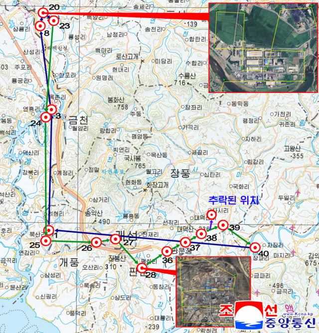 북한 조선인민군 총참모부 대변인은 10일 조선중앙통신을 통해 작년 9월과 지난 4일에 한국이 침투시킨 무인기를 격추했다고 주장하며 이에 대한 대가를 치르게 될 것이라고 위협했다. 사진은 북한이 주장한 한국 무인기 비행경로. 연합뉴스