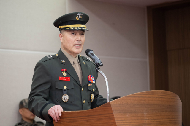 박정훈 국방부 조사본부장이 지난 1월 15일 취임식에서 발언하고 있다. 국방부 조사본부장은 소장 자리라 박 준장은 직무대리로 업무를 시작한다. 연합뉴스