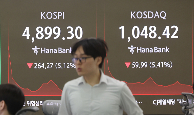 코스피가 장중 5% 넘게 급락해 4900선이 깨진 지난 6일 서울 중구 하나은행 딜링룸에서 직원이 업무를 보고 있다. 연합뉴스