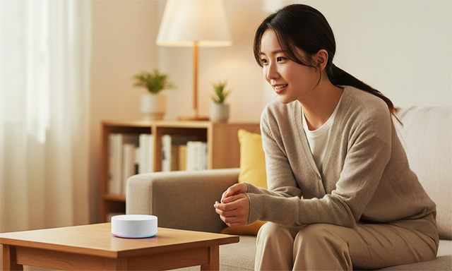 LG전자 모델이 일상 언어로 대화하면 맥락과 공간을 이해해 연동된 가전과 사물인터넷(IoT) 기기를 제어하고 서비스까지 연결하는 ‘LG 씽큐 온’을 체험하는 모습.LG전자 제공