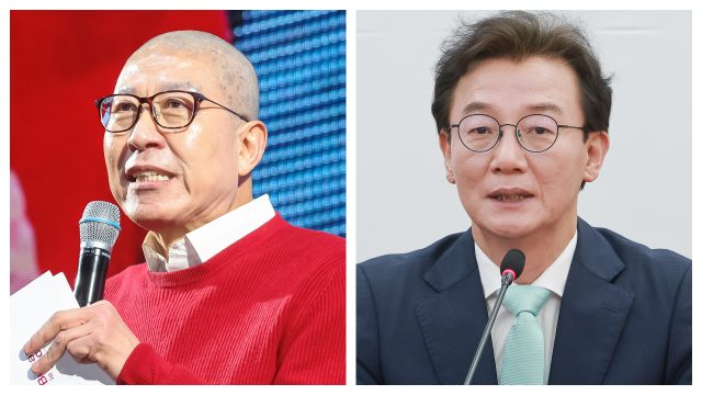 24일 부산 사직실내체육관에서 ‘글로벌허브도시 부산을 말하다’ 시정보고회가 열려 박형준 부산시장이 시정 브리핑을 하고 있다(왼쪽). 더불어민주당 전재수 의원이 24일 국회에서 열린 한병도 원내대표와의 부산 글로벌허브도시 조성에 관한 특별법안 관련 간담회에 참석해 발언하고 있다. 김종진 기자 kjj1761@·연합뉴스