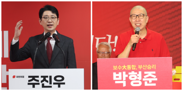 지난달 28일 부산 연제구 연산동에서 열린 주진우 부산시장 경선 사무소 개소식에서 주진우 의원이 인사를 하고 있다(왼쪽). 같은 날 부산 부산진구 부전동에서 열린 박형준 경선 사무소 개소식에서 박형준 시장이 인사말을 하고 있다. 이재찬 기자 chan@