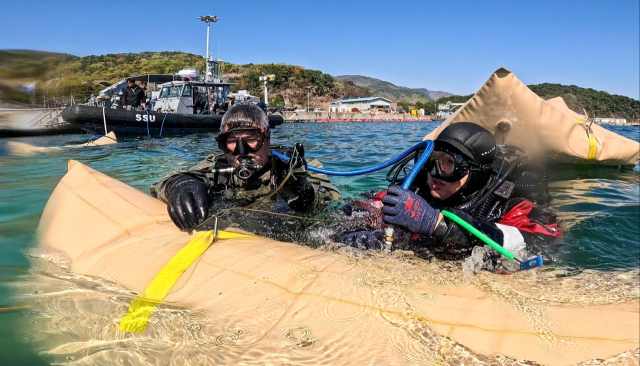 지난 8일 경남 진해만 일대에서 진행한 연합 구조전 훈련에서 한국·호주해군 잠수사들이 모의 침몰 선박 인양을 위해 리프팅백(Lifting Bag)에 공기를 주입하고 있다. 해군 제공