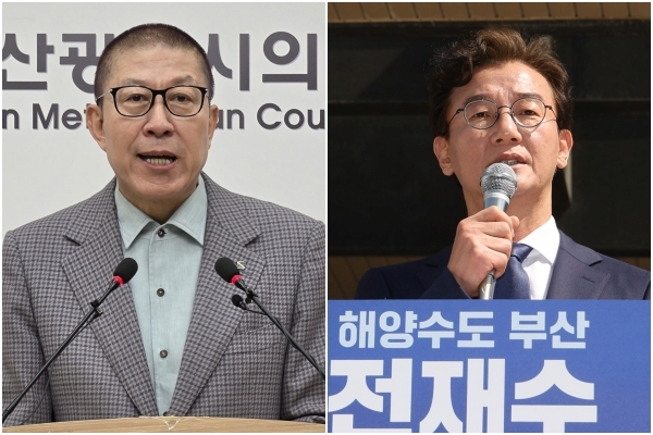 지난 8일 박형준(왼쪽) 부산시장이 부산시의회에서 기자회견을 열고 보수 대통합을 호소하고 있다. 더불어민주당 전재수 의원이 지난 2일 부산 동구 해양수산부 청사에서 부산시장 출마 선언을 하고 있다. 부산시의회 제공·이재찬 기자 chan@
