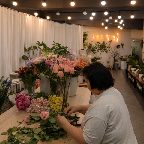 경남정보대 RISE 소자본 창업 플로리스트 양성과정 통한 ‘오늘도 활짝' 매장을 창업한 김나현 수료생. 경남정보대 제공