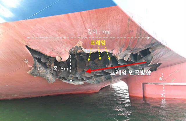 지난 4일 호르무즈 해협에서 일어난 한국 선박 화재 사건은 미상 비행체의 타격에서 비롯됐다고 정부가 밝혔다. 외교부는 10일 이 같은 내용의 정부 합동 조사 결과를 발표하며 현장 조사단이 기록한 사진을 공개했다. 연합뉴스