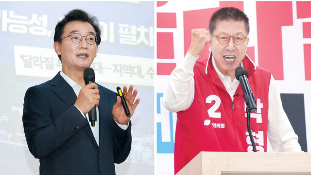 지난 12일 영도구 국립한국해양대학교를 찾은 더불어민주당 전재수 후보(왼쪽)와 같은 날 국민의힘 부산시당 필승결의대회에 참석한 박형준 후보. 정대현·이재찬 기자 jhyun@
