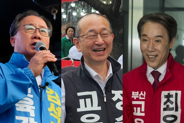 여론조사에서 김석준 후보가 1위를 달리고 있는 것으로 나타났다. 왼쪽부터 김석준, 정승윤, 최윤홍 부산시교육감 후보. 각 후보 캠프 제공