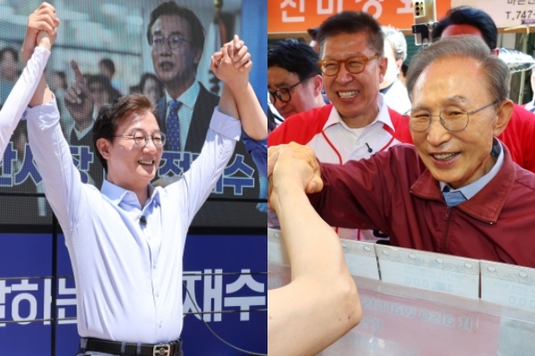 더불어민주당 전재수 부산시장 후보가 31일 부산 남구 평화공원에서 열린 유세에서 지지를 호소했다.(왼쪽) 국민의힘 박형준 후보는 이명박 전 대통령과 함께 해운대구 해운대시장을 찾아 유세를 펼쳤다. 정종회·김종진 기자 jjh@