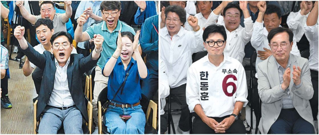 부산 북갑 국회의원 보궐선거에 출마한 하정우 더불어민주당 후보의 선거사무실 관계자와 지지자들이 3일 부산 북구 선거사무실에서 지상파 방송 3사 출구조사 결과에 환호하고 있다(왼쪽). 무소속 한동훈 후보는 이날 부산 북구 선거사무소에서 방송사 출구조사 결과를 지켜봤다. 김종진 기자 kjj1761@