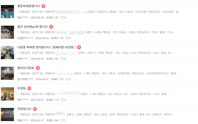 온라인 상가 교류 커뮤니티에 성인 PC방 거래 게시물이 활발하다. 인터넷 커뮤니티 갈무리
