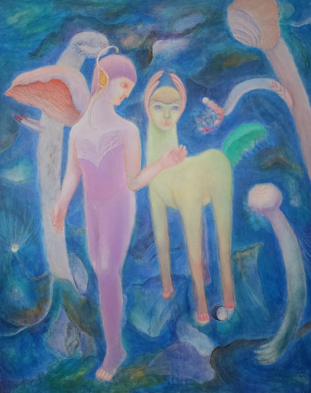 김춘자의 'Journey to the Blueacrylic on canvas'(2025). 푸른색이 불러오는 먼 여행의 감각. 생명의 징조가 가득한 대지를 함께 걸어가는 다정한 동반 여행을 그린다. space bv 제공