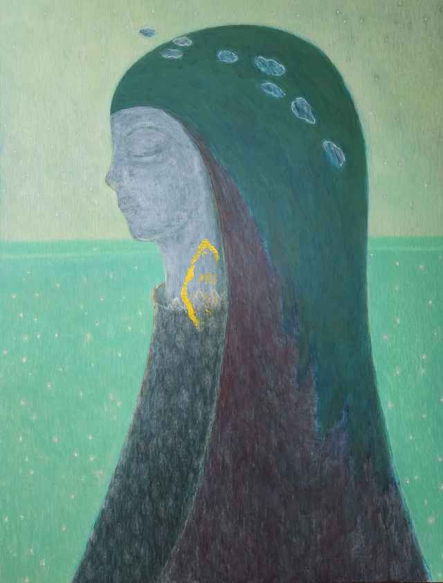 김춘자의 'Islandacrylic on canvas'(2025). 홋카이도 먼바다에 떠 있던 섬에서 떠올린 장면. 단절과 고독의 침묵이 생명의 선언으로 융기한다. space bv 제공