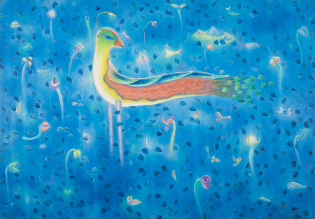 김춘자의 'The Birdoil on canvas'(2000). 영월 여행 중 마주한 우윳빛 달밤과 새벽 산책로의 야생화. 새소리와 생명력의 기억이 화면에 스며든다. space bv 제공