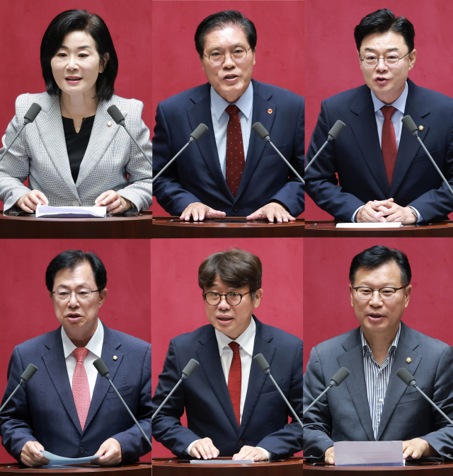 23일 국회에서 열린 7월 임시국회 제2차 본회의에서 선출된 국민의힘 소속 국회 6개 상임위원장. 윗줄 왼쪽부터 김희정 교육위원장, 송석준 외교통일위원장, 김성원 산업통상자원중소벤처기업위원장, 아랫줄 왼쪽부터 이만희 보건복지위원장, 유의동 국토교통위원장, 이양수 정보위원장. 연합뉴스