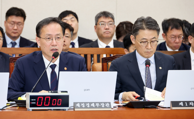 6일 국회에서 열린 재정경제기획위원회 국정감사에서 이형일 부총리 겸 재정경제부 장관이 의원들의 질의에 답변하고 있다. 오른쪽은 권대영 1차관. 연합뉴스